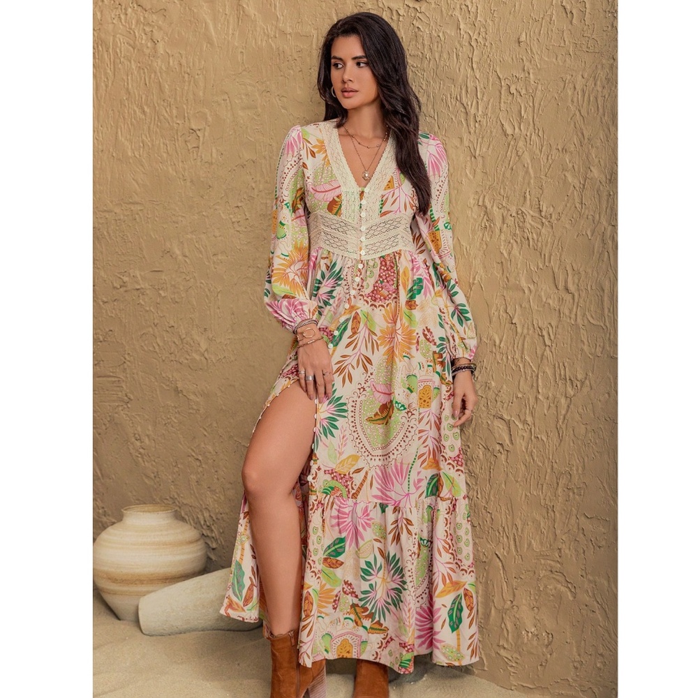 Floral Pink Bohemian Maxi Dress Lace V-Neck Long Sleeve Ruffle Hem Flowy - Picture 6 of 9